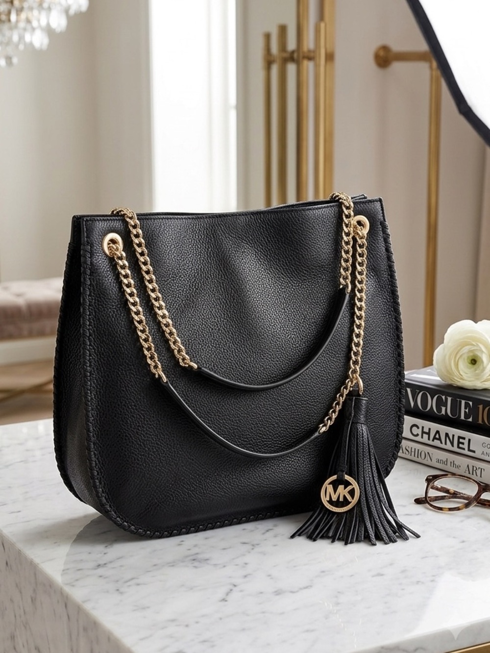 Michael Kors Black Leather Shoulder Bag with Gold Chain and Tassel